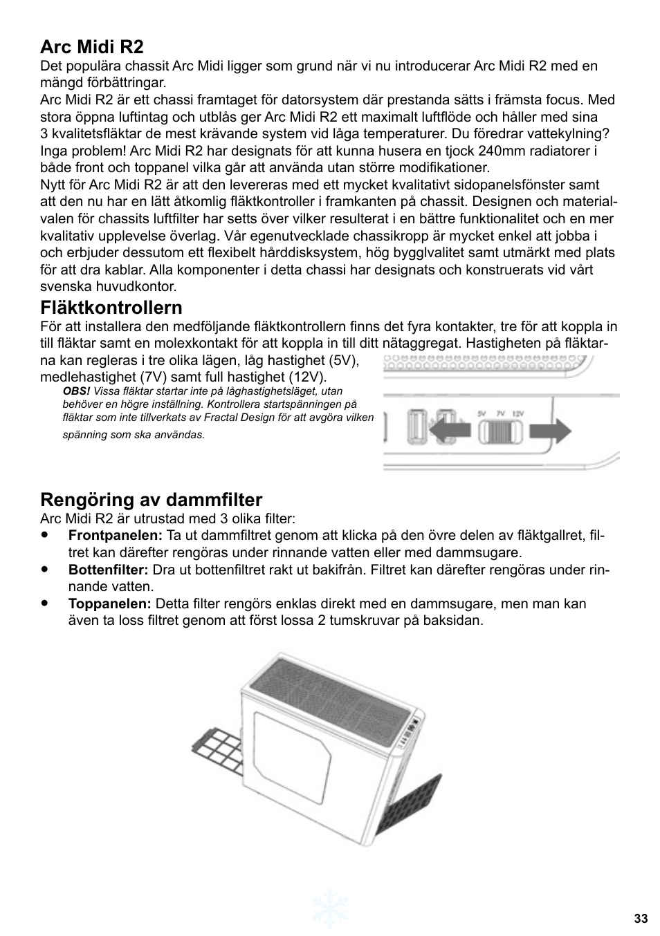 Arc midi r2, Fläktkontrollern, Rengöring av dammfilter | Fractal Design ARC Midi R2 Solid Side Panel User Manual | Page 34 / 39