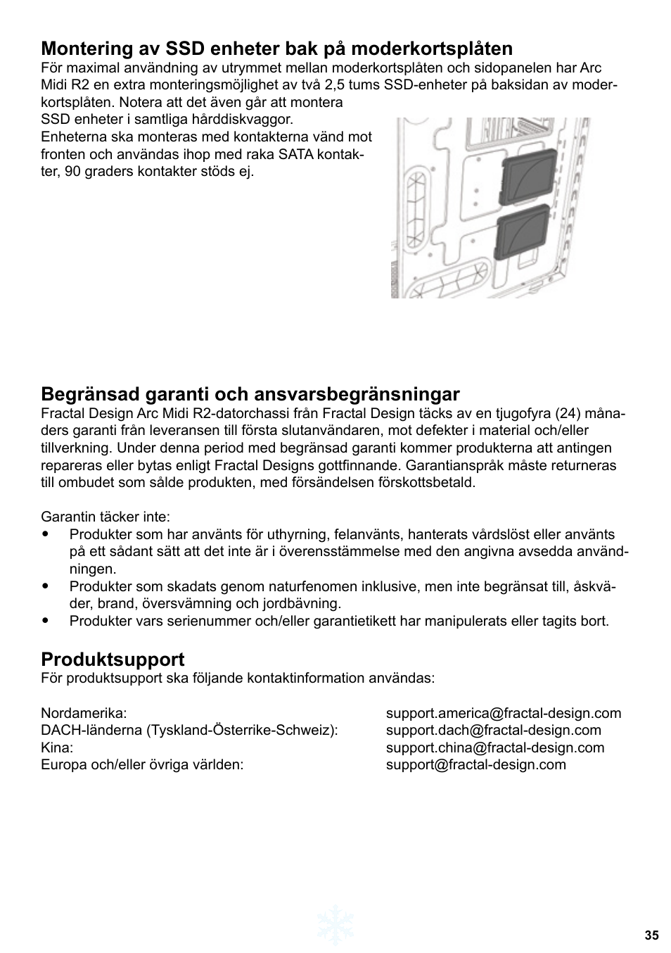 Montering av ssd enheter bak på moderkortsplåten, Begränsad garanti och ansvarsbegränsningar, Produktsupport | Fractal Design ARC Midi R2 Solid Side Panel User Manual | Page 36 / 39