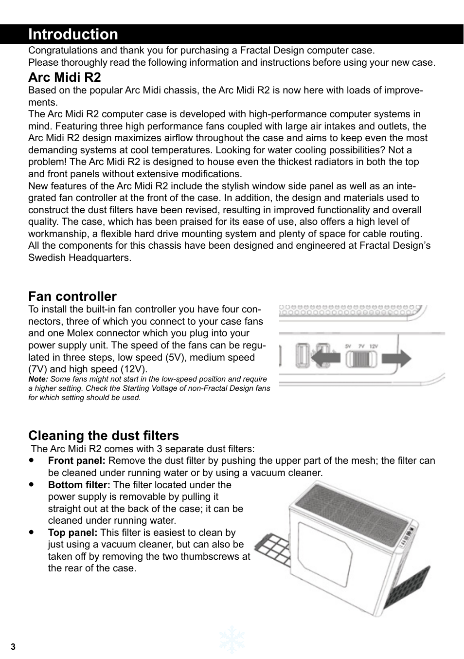 Introduction, Arc midi r2, Fan controller | Cleaning the dust filters | Fractal Design ARC Midi R2 Solid Side Panel User Manual | Page 4 / 39