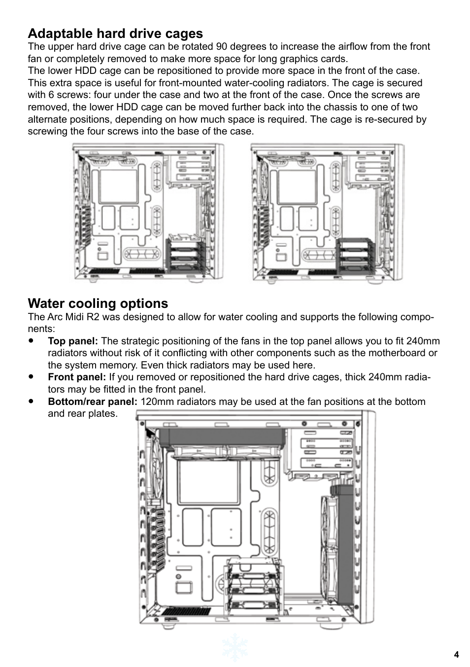 Adaptable hard drive cages, Water cooling options | Fractal Design ARC Midi R2 Solid Side Panel User Manual | Page 5 / 39