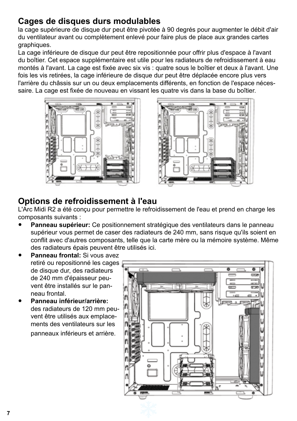 Cages de disques durs modulables, Options de refroidissement à l'eau | Fractal Design ARC Midi R2 Solid Side Panel User Manual | Page 8 / 39