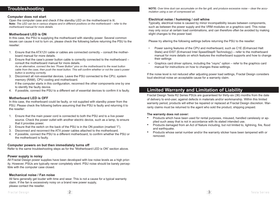 Troubleshooting, Limited warranty and limitation of liability | Fractal Design Tesla R2 1000W User Manual | Page 4 / 15