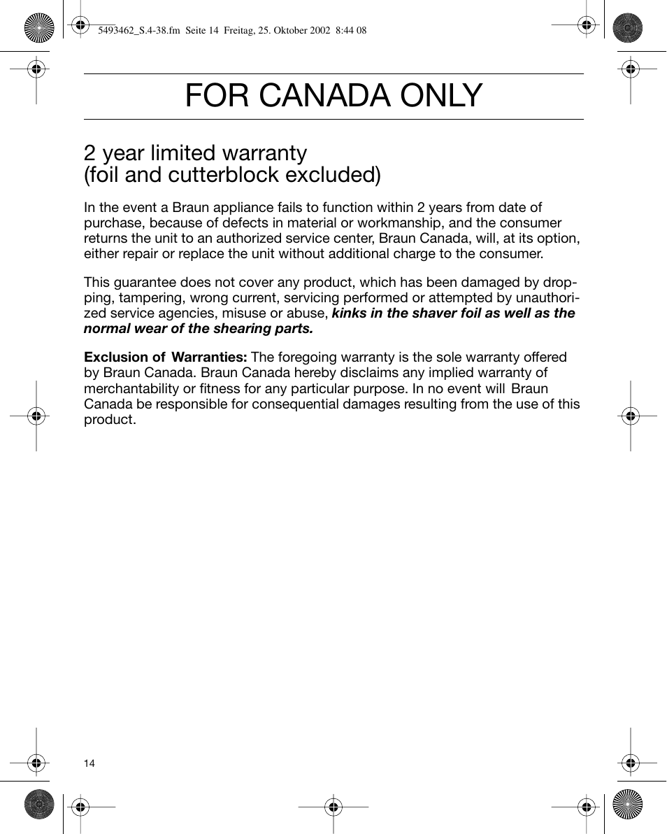 For canada only | Braun 5493 User Manual | Page 14 / 38