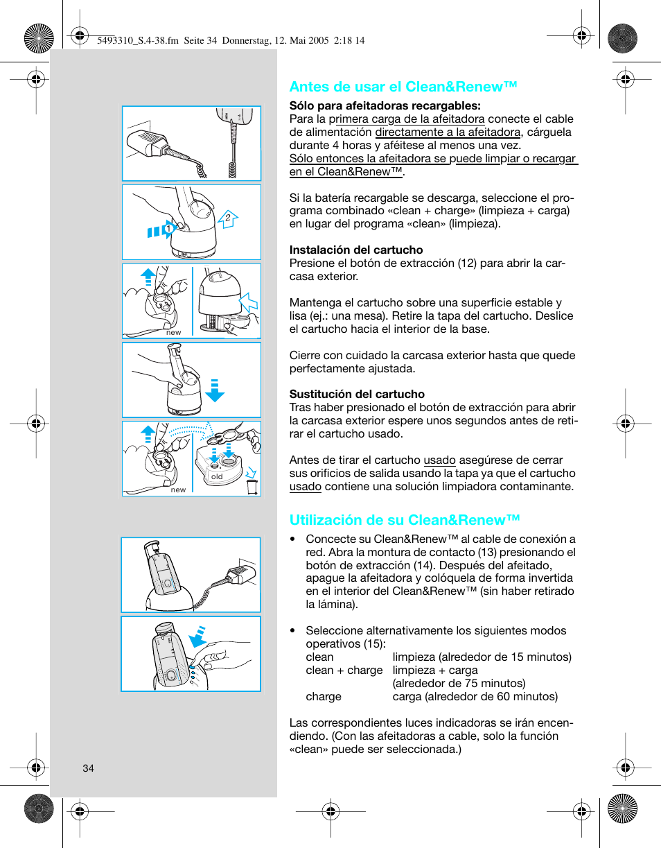 Antes de usar el clean&renew, Utilización de su clean&renew, Au to m a tic lo ck 3 2 1 0 | Braun 7526 User Manual | Page 34 / 35