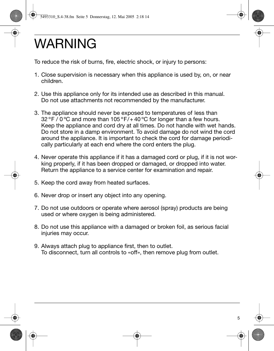 Warning | Braun 7526 User Manual | Page 5 / 35
