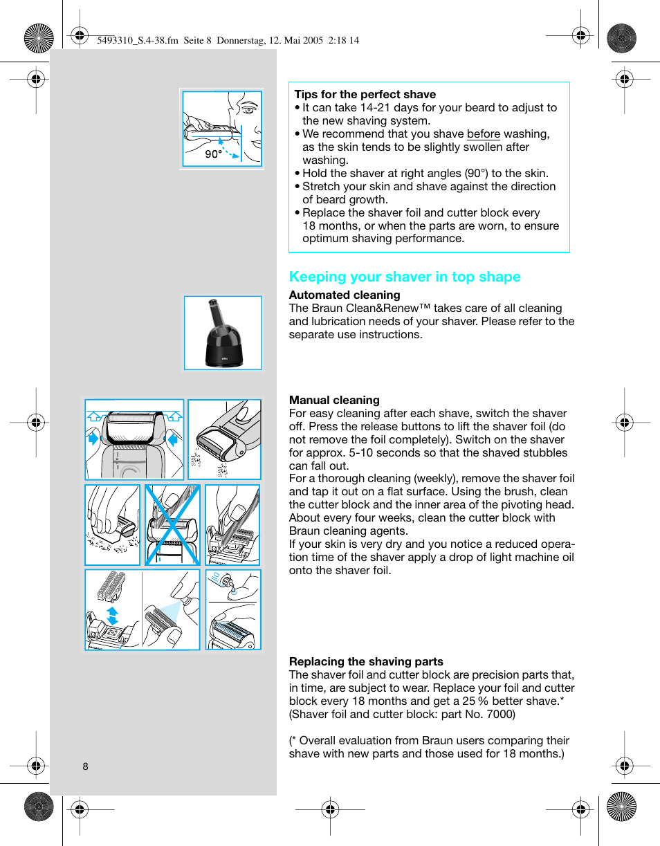 Keeping your shaver in top shape | Braun 7526 User Manual | Page 8 / 35