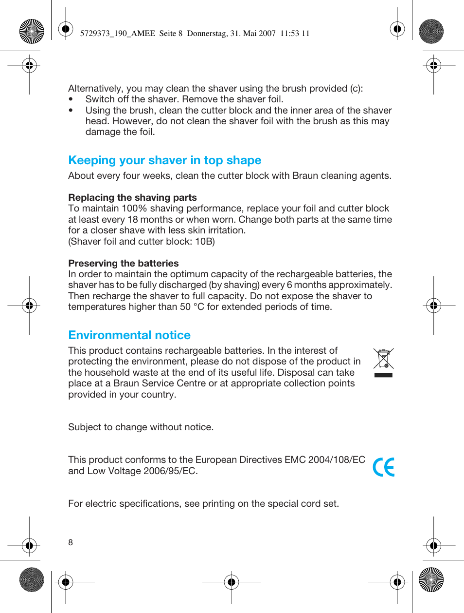 Keeping your shaver in top shape, Environmental notice | Braun 190 User Manual | Page 7 / 53