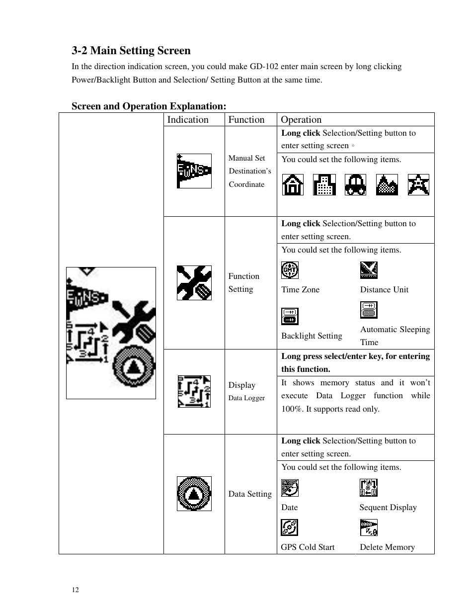 2 main setting screen | GLOBALSAT GD-102 User Manual User Manual | Page 12 / 46