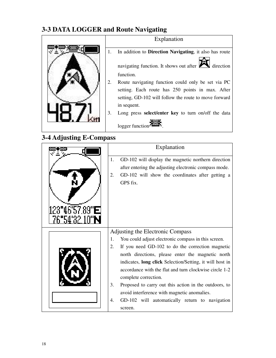 3 data logger and route navigating, 4 adjusting e-compass | GLOBALSAT GD-102 User Manual User Manual | Page 18 / 46