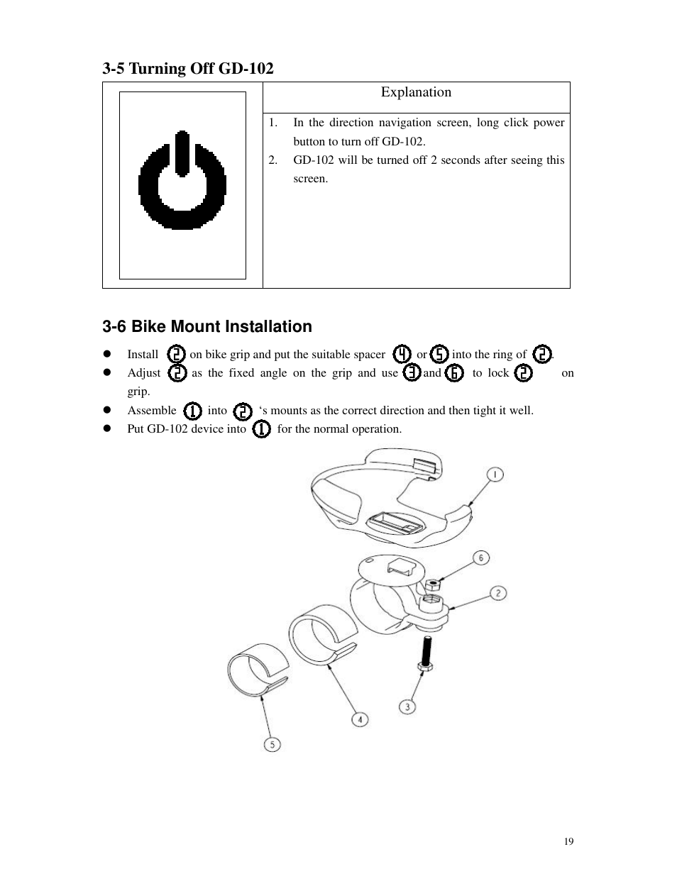 5 turning off gd-102, 6 bike mount installation | GLOBALSAT GD-102 User Manual User Manual | Page 19 / 46