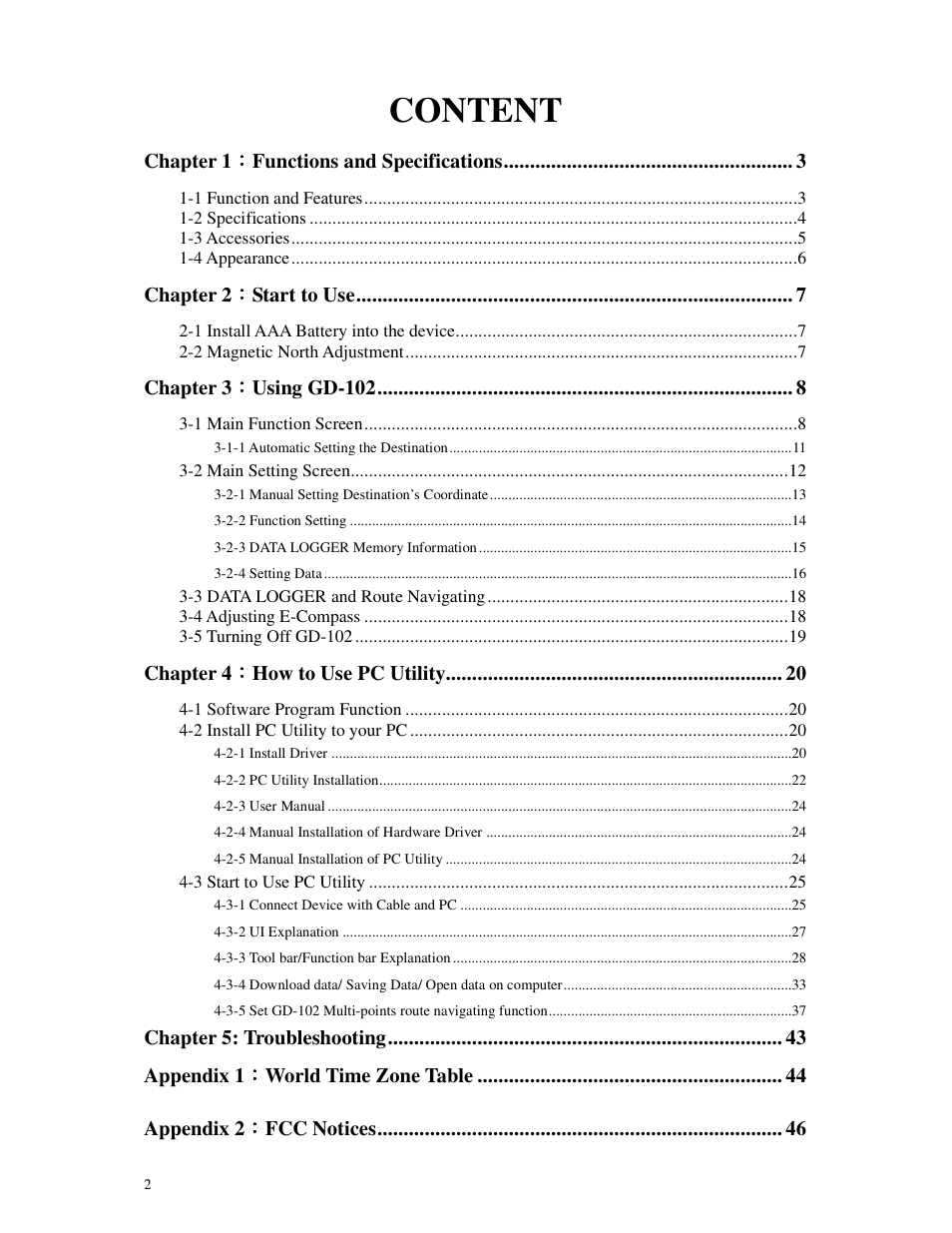 Content | GLOBALSAT GD-102 User Manual User Manual | Page 2 / 46