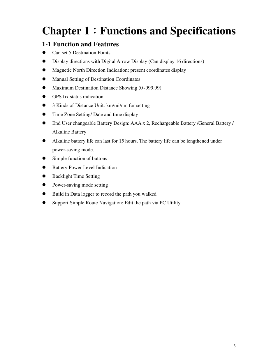 Chapter 1 ： ： ： ： functions and specifications, 1 function and features | GLOBALSAT GD-102 User Manual User Manual | Page 3 / 46