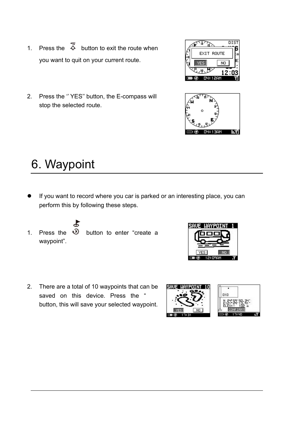 Waypoint, 2 quit current route, 1 waypoint saving | GLOBALSAT GH-561 User Manual User Manual | Page 11 / 48