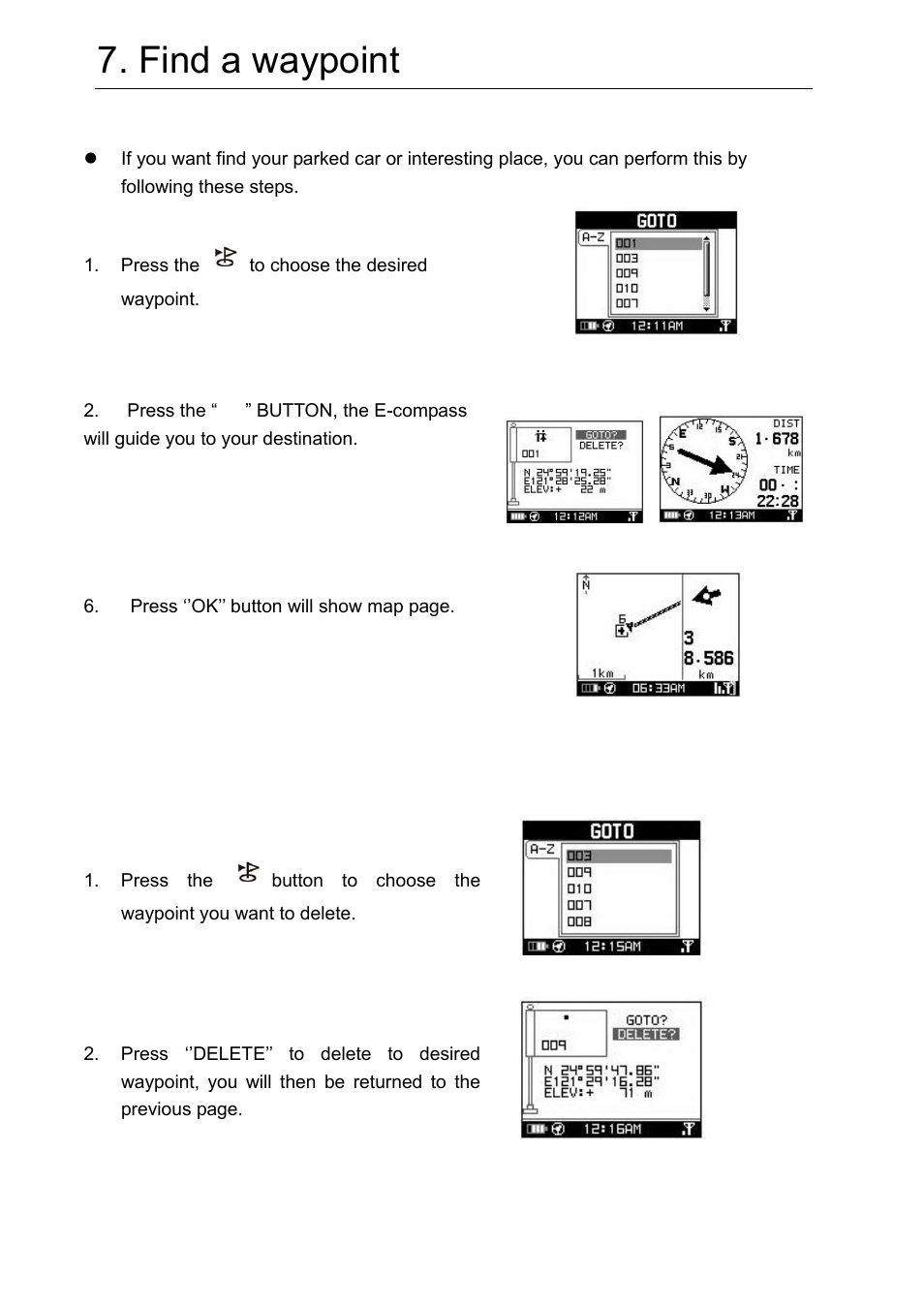 Find a waypoint, 1 go to, 2 deleting a waypoint | GLOBALSAT GH-561 User Manual User Manual | Page 12 / 48