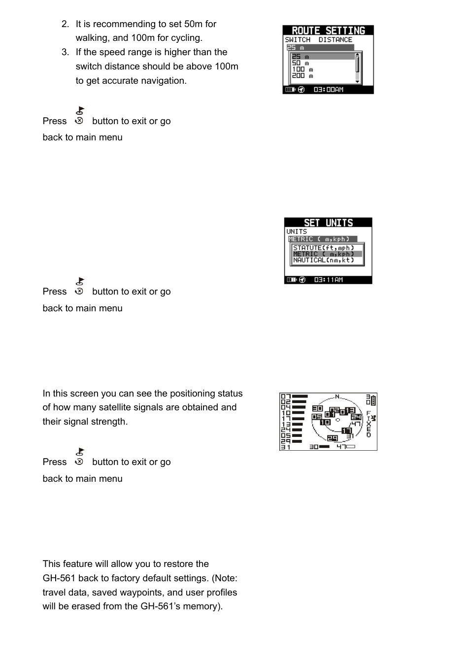 7 set units, 8 gps info, 9 factory reset | GLOBALSAT GH-561 User Manual User Manual | Page 17 / 48