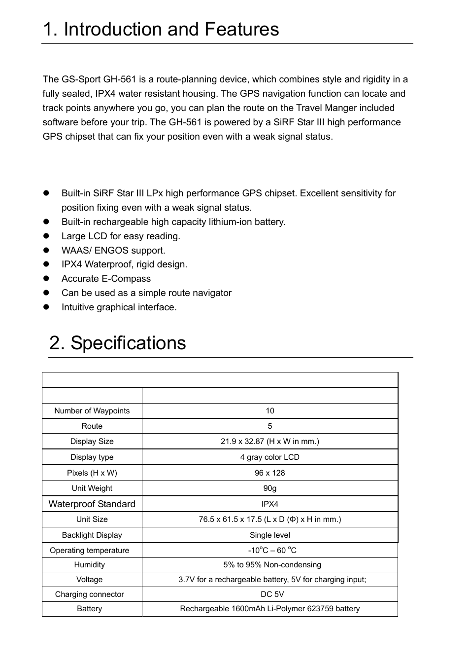 Introduction and features, Specifications, 1 introduction | 2 features | GLOBALSAT GH-561 User Manual User Manual | Page 4 / 48