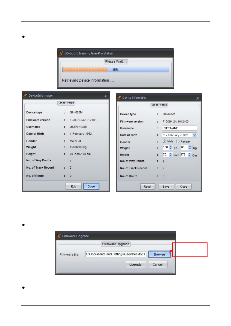 Step :1, 2 device configuration, 3 firmware upgrade | GLOBALSAT Training Gym Pro v1.0 Instruction Manual User Manual | Page 24 / 30