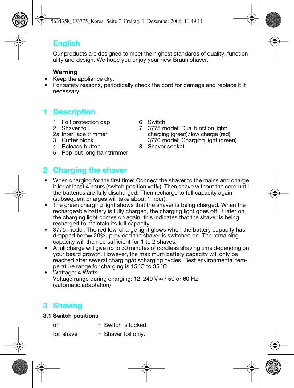 English, 1 description, 2 charging the shaver | 3 shaving | Braun 5634 User Manual | Page 7 / 10