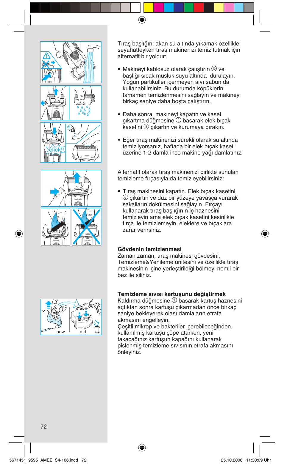 Basarak elek bıçak kasetini, Click | Braun 5671 User Manual | Page 71 / 104