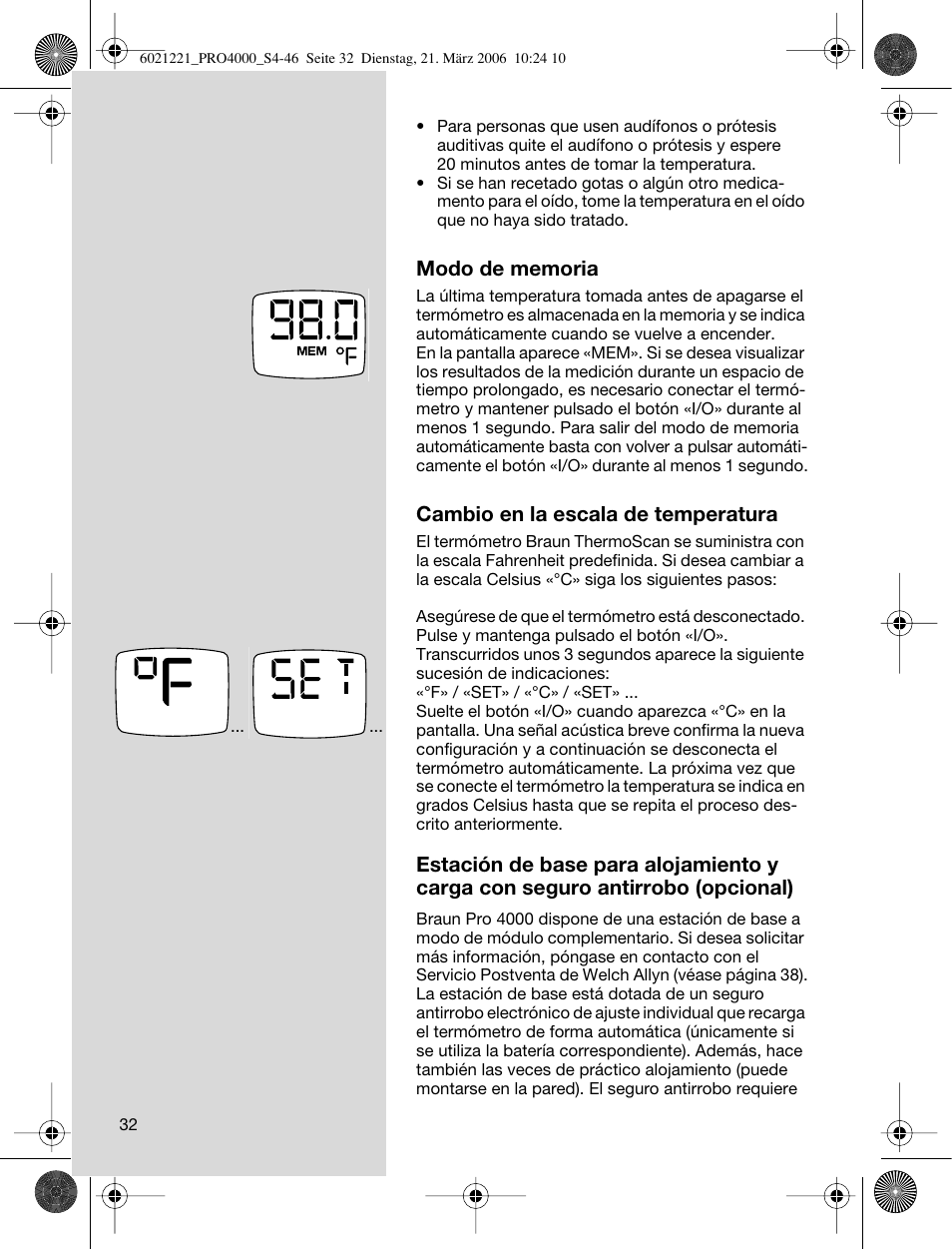 Cambio en la escala de temperatura | Braun ThermoScan PRO 4000 User Manual | Page 32 / 46