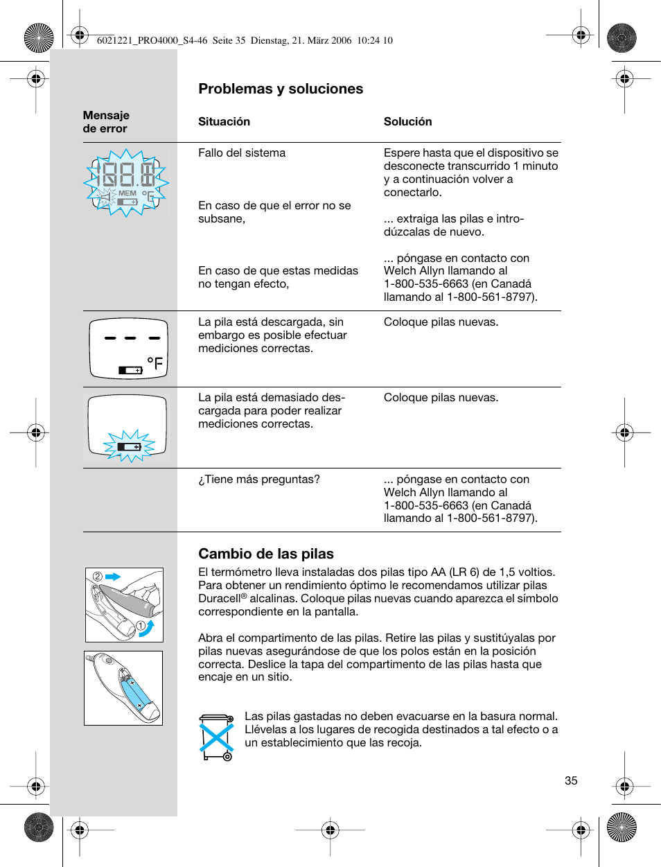 Cambio de las pilas, Problemas y soluciones | Braun ThermoScan PRO 4000 User Manual | Page 35 / 46