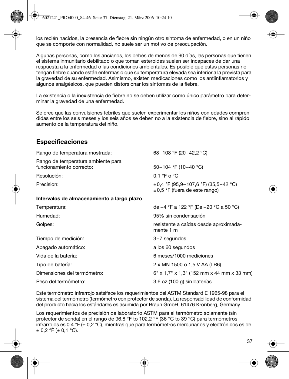 Especificaciones | Braun ThermoScan PRO 4000 User Manual | Page 37 / 46