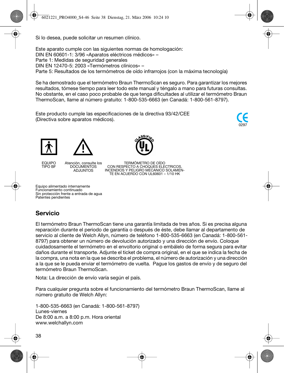 Servicio | Braun ThermoScan PRO 4000 User Manual | Page 38 / 46