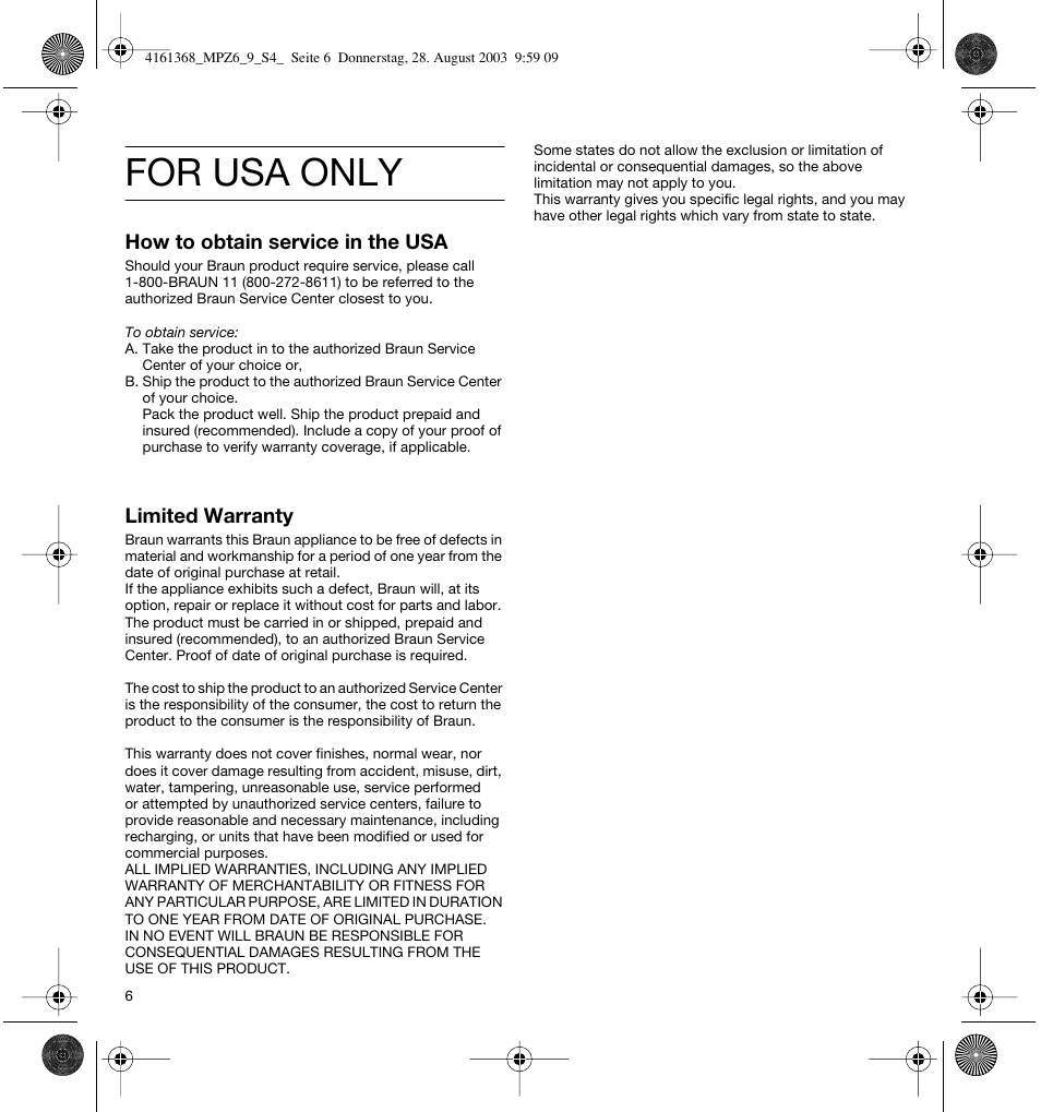 For usa only | Braun Citromatic MPZ6 User Manual | Page 6 / 14