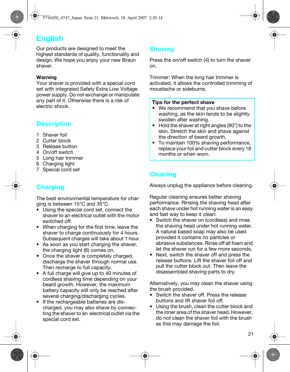 English, Description, Charging | Shaving, Cleaning | Braun 4746 User Manual | Page 21 / 24