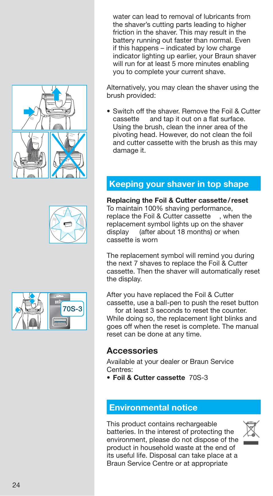 99731357_720s-5_japan 24.pdf, Keeping your shaver in top shape, Accessories | Environmental notice | Braun 720S-5 User Manual | Page 24 / 27