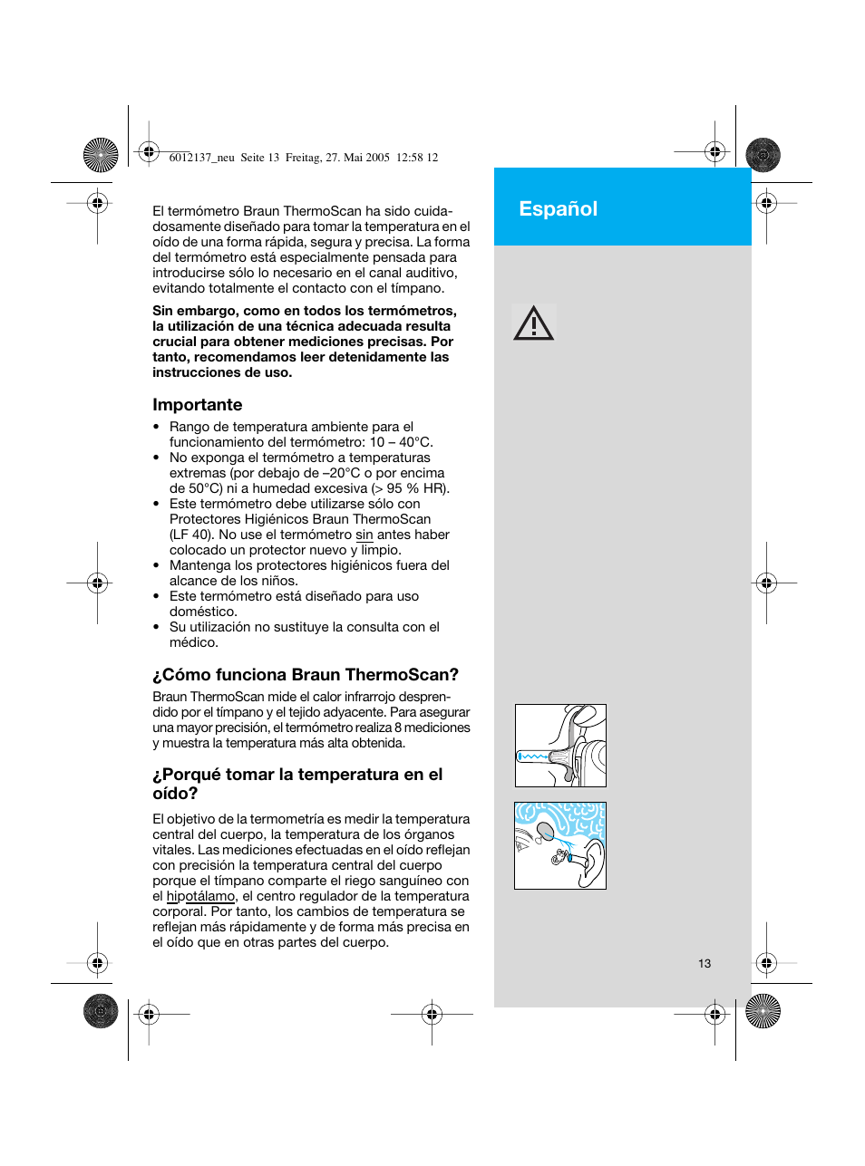 Español | Braun ThermoScan IRT 3020 User Manual | Page 13 / 48