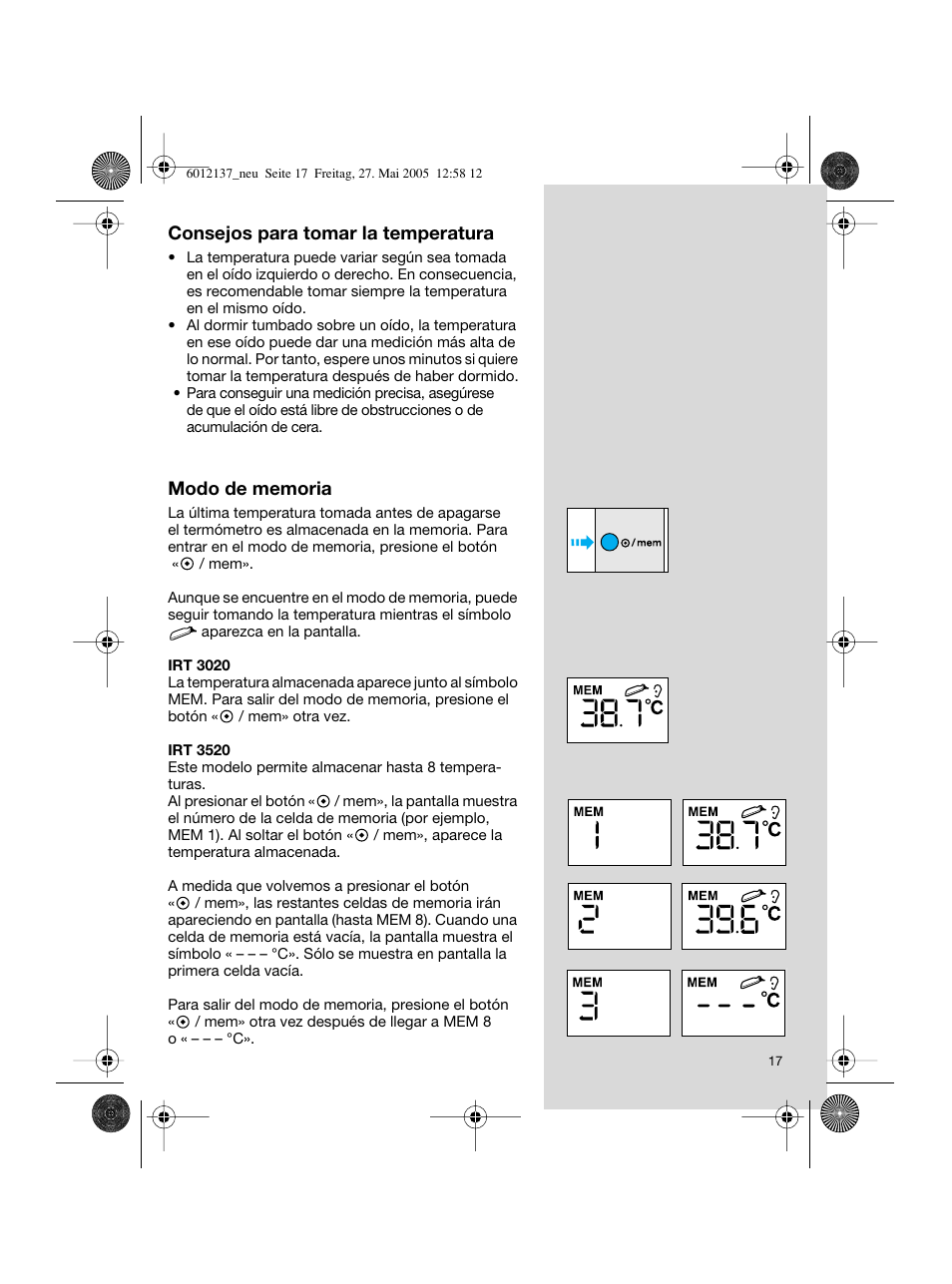 Braun ThermoScan IRT 3020 User Manual | Page 17 / 48