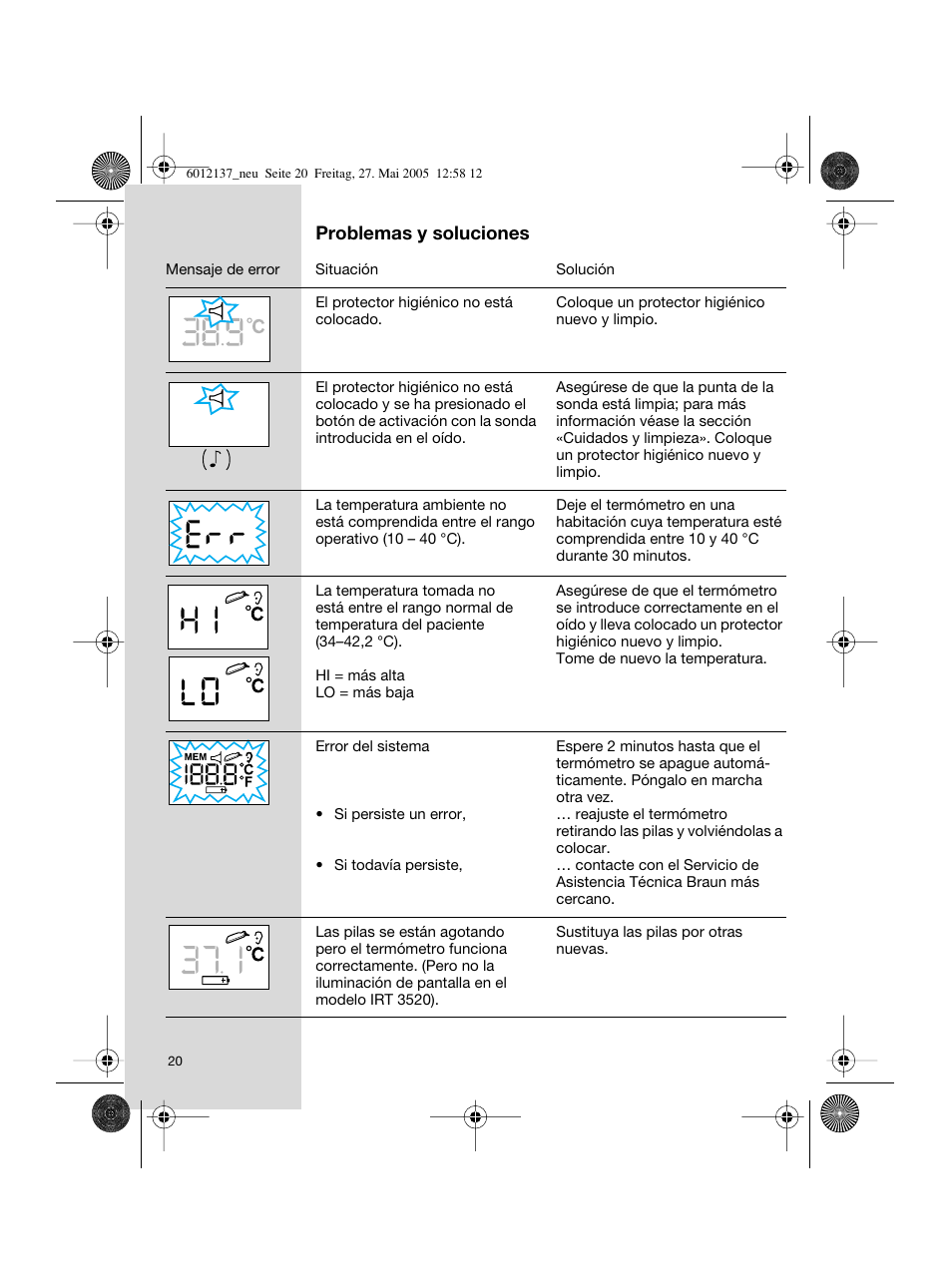 Braun ThermoScan IRT 3020 User Manual | Page 20 / 48