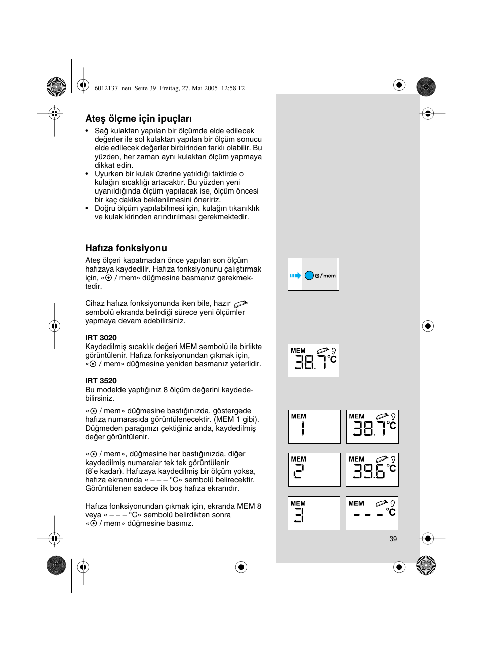 Braun ThermoScan IRT 3020 User Manual | Page 39 / 48