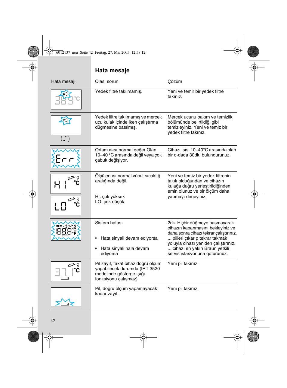 Hata mesaje | Braun ThermoScan IRT 3020 User Manual | Page 42 / 48