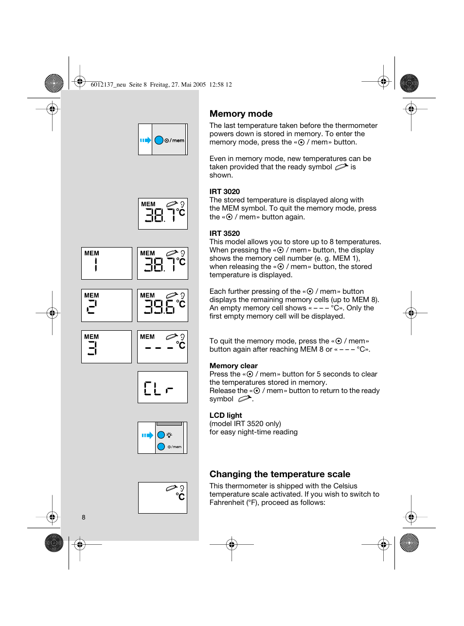 Braun ThermoScan IRT 3020 User Manual | Page 8 / 48