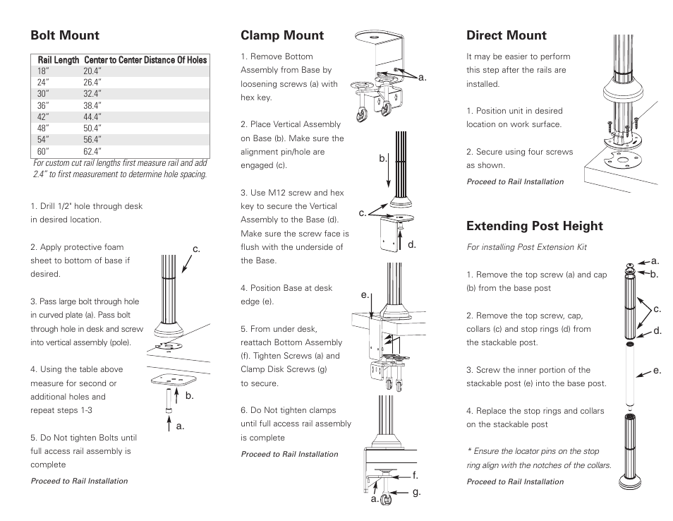 Clamp mount, Bolt mount, Direct mount | Extending post height | Humanscale Access Rail User Manual | Page 2 / 2