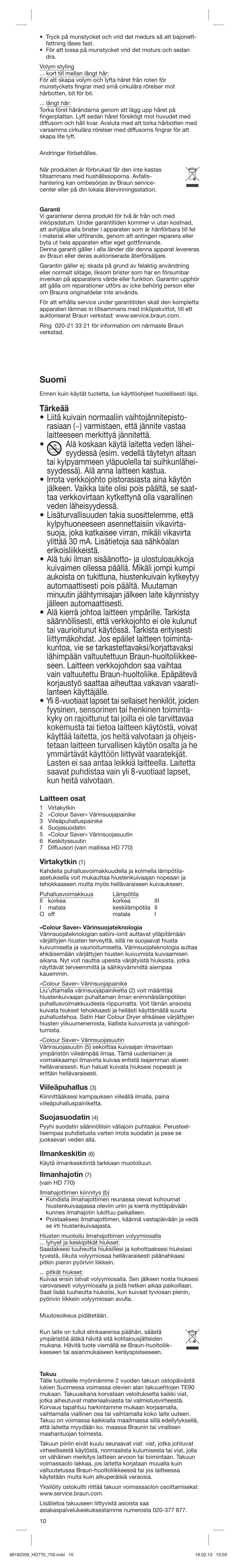 Suomi | Braun HAIR DRYER HD 770 User Manual | Page 10 / 23