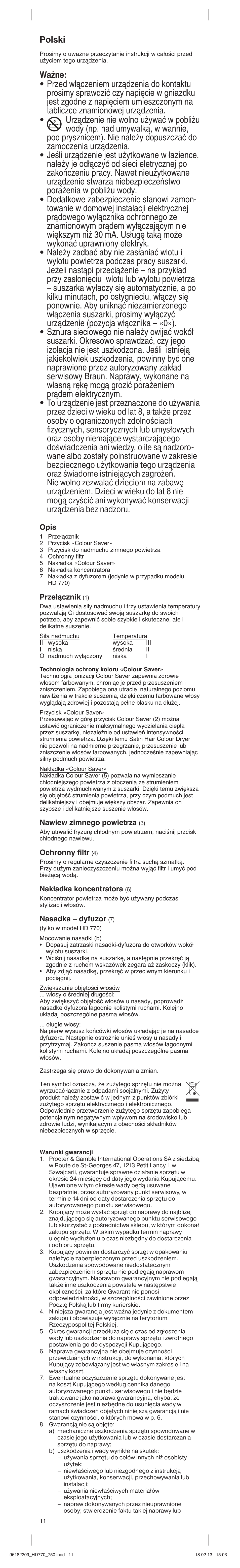 Polski, Opis, Prze∏àcznik | Nawiew zimnego powietrza, Ochronny filtr, Nakładka koncentratora, Nasadka – dyfuzor | Braun HAIR DRYER HD 770 User Manual | Page 11 / 23