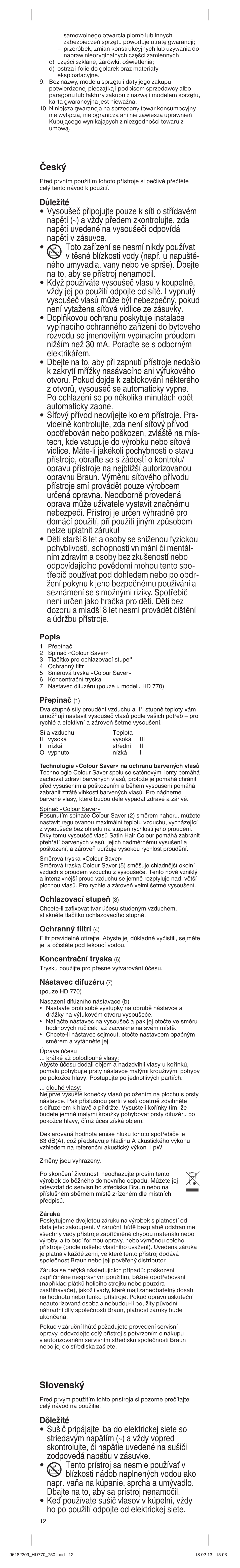 Âesk, Slovensk | Braun HAIR DRYER HD 770 User Manual | Page 12 / 23