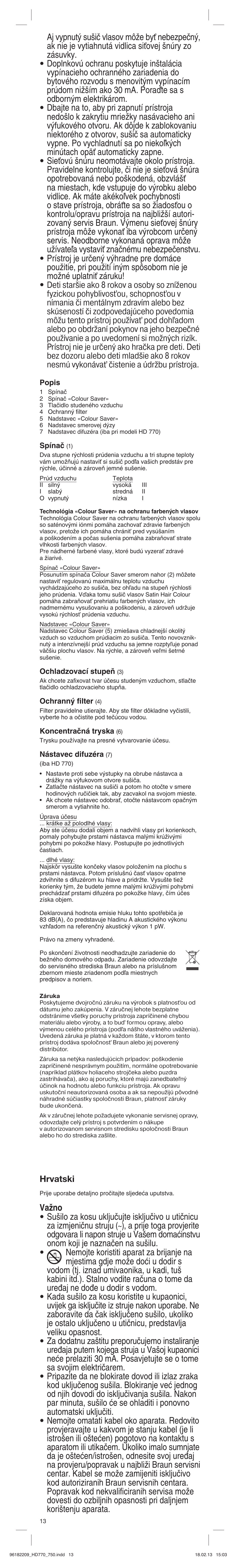 Hrvatski | Braun HAIR DRYER HD 770 User Manual | Page 13 / 23