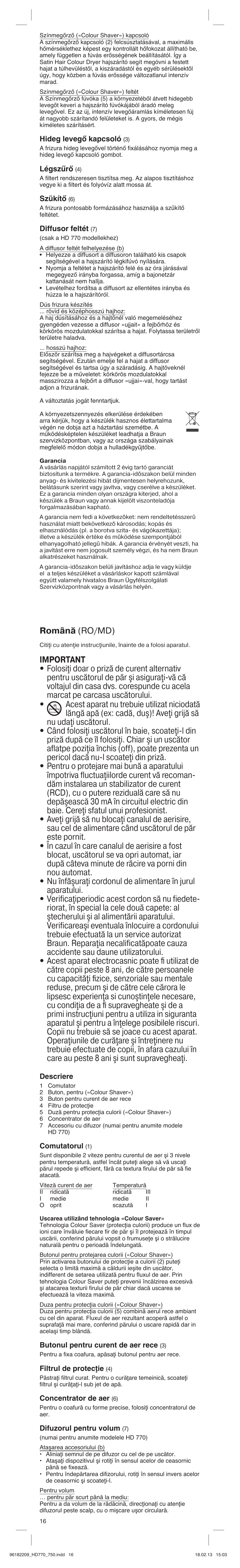 Română (ro/md) | Braun HAIR DRYER HD 770 User Manual | Page 16 / 23