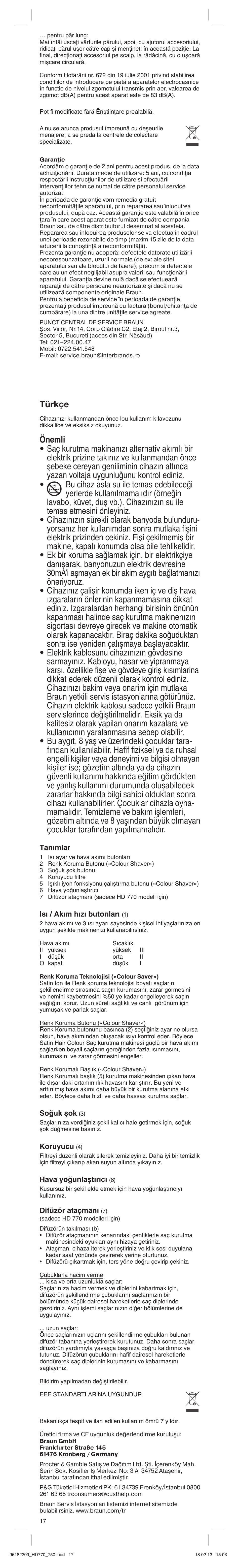 Türkçe, Tanımlar, Isı / akım hızı butonları | Soπuk μok, Koruyucu, Hava yoπunlaμt∂r∂c, Difüzör ataçman | Braun HAIR DRYER HD 770 User Manual | Page 17 / 23