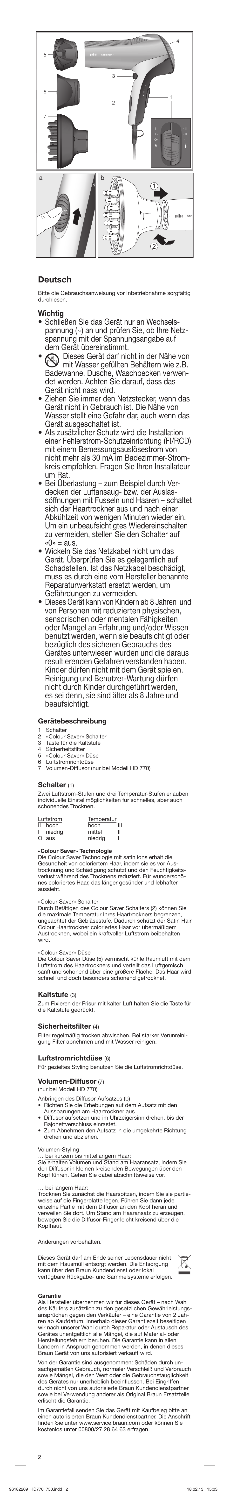 Deutsch, Gerätebeschreibung, Schalter | Kaltstufe, Sicherheitsfilter, Luftstromrichtdüse, Volumen-diffusor | Braun HAIR DRYER HD 770 User Manual | Page 2 / 23