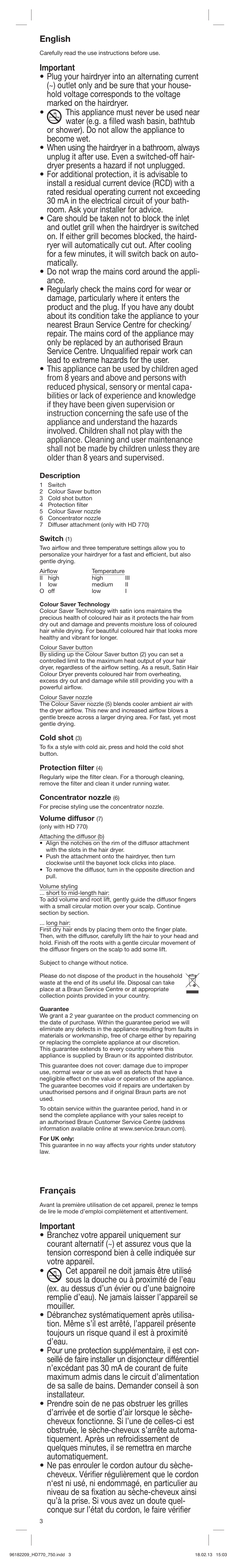 English, Français | Braun HAIR DRYER HD 770 User Manual | Page 3 / 23