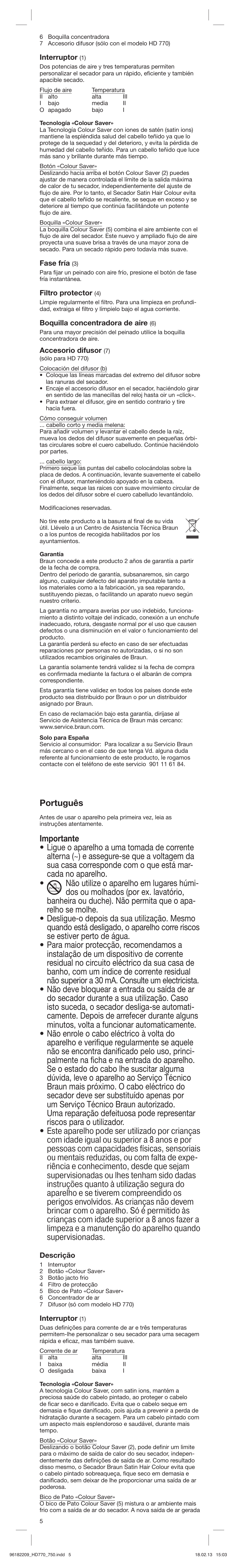 Português, Interruptor, Fase fría | Filtro protector, Boquilla concentradora de aire, Accesorio difusor, Descrição | Braun HAIR DRYER HD 770 User Manual | Page 5 / 23