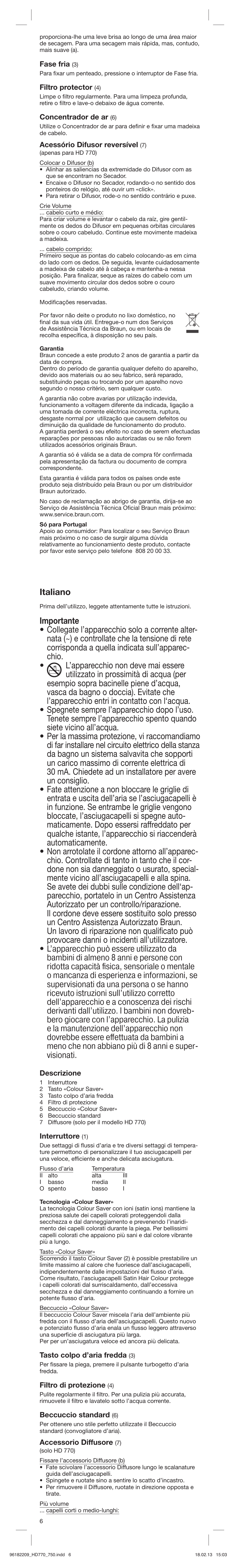 Italiano | Braun HAIR DRYER HD 770 User Manual | Page 6 / 23