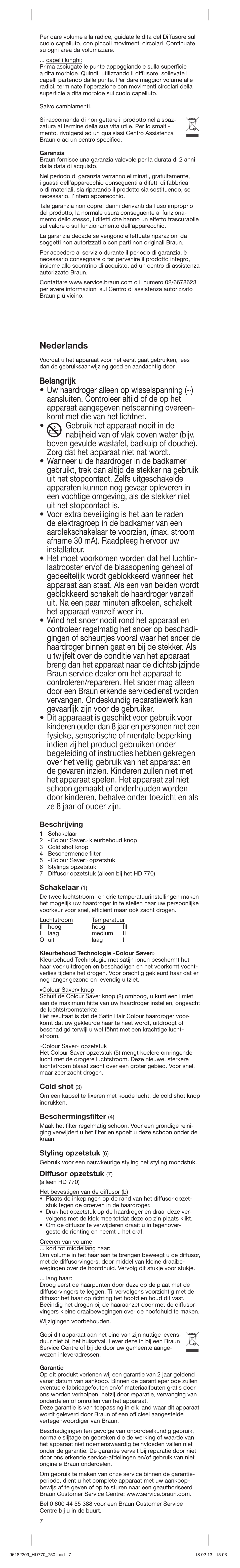 Nederlands | Braun HAIR DRYER HD 770 User Manual | Page 7 / 23