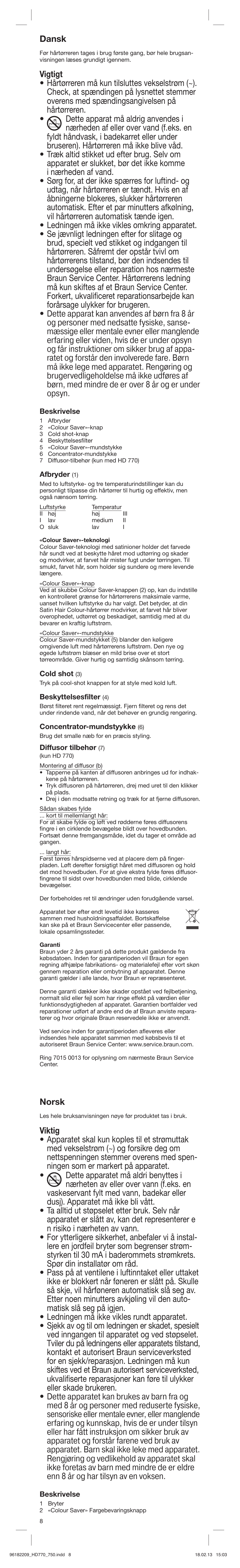 Dansk, Norsk | Braun HAIR DRYER HD 770 User Manual | Page 8 / 23