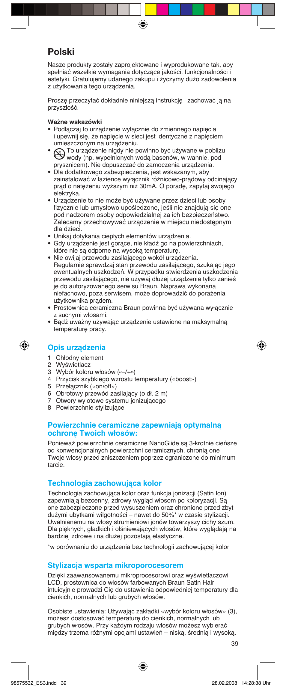 Polski, Opis urządzenia, Technologia zachowująca kolor | Stylizacja wsparta mikroporocesorem | Braun Satin Hair ES 3 User Manual | Page 37 / 81